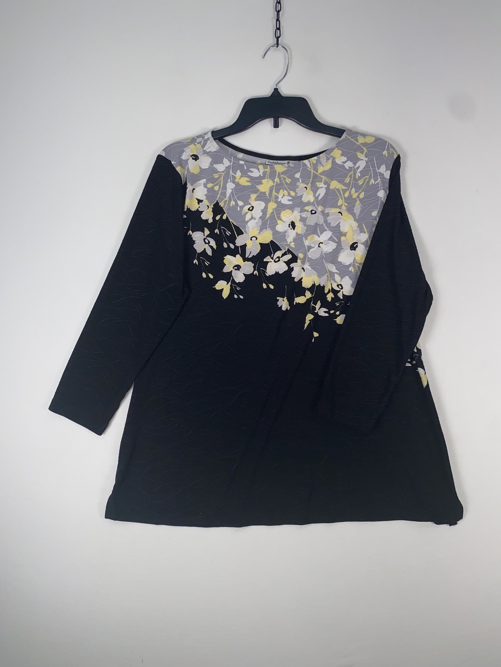 Croft & Barrow T-shirt Womens Large Black Floral 3/4 Sleeve Round Neck Tunic Top